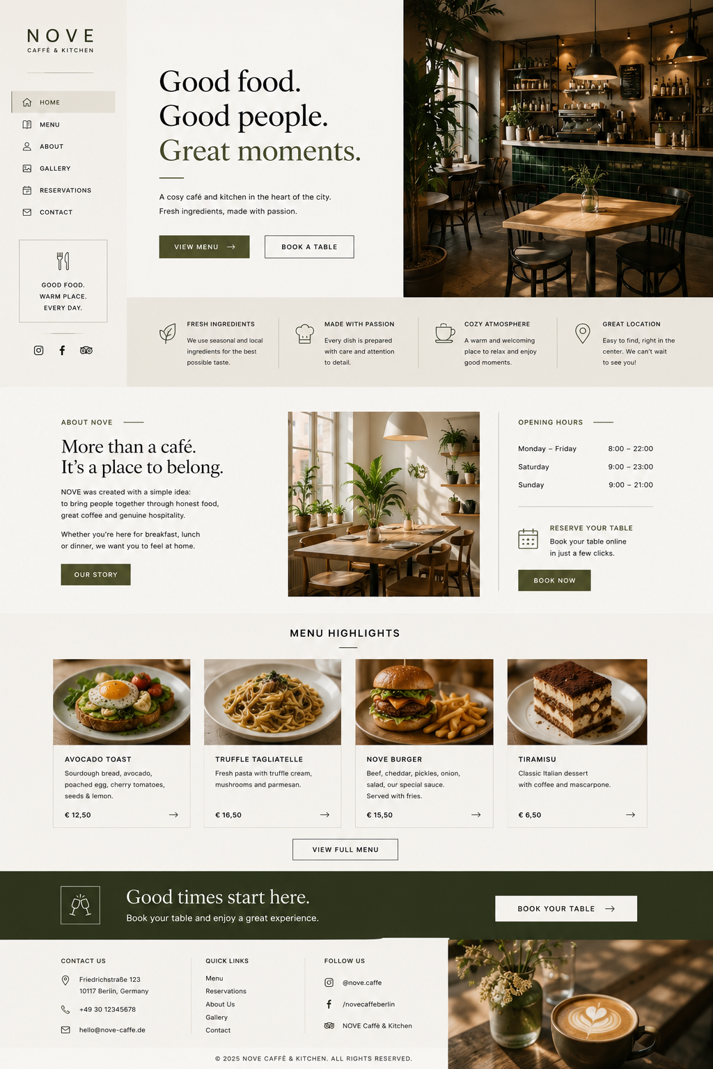 Full-page design concept for NOVE Caffè & Kitchen — a hospitality website with sidebar navigation, split hero and priced menu highlights