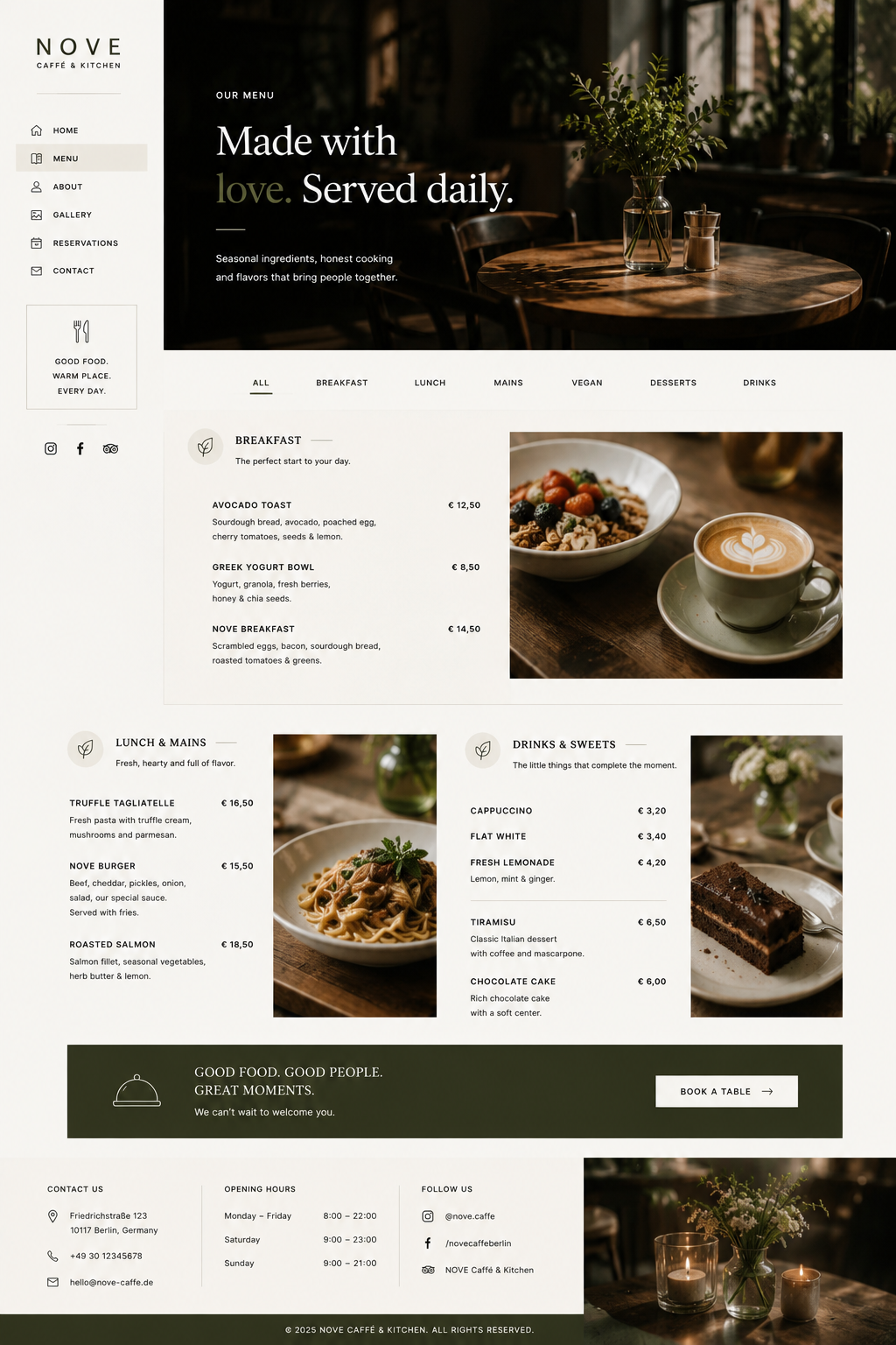 NOVE-Grundgerüst — Konzept einer Speisekartenseite für ein fiktives Café und Küche, mit Gerichten, Preisen und Food-Fotografie