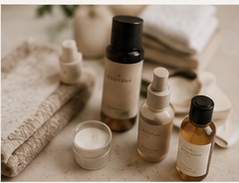 Skincare bottles and cream arranged on a linen cloth