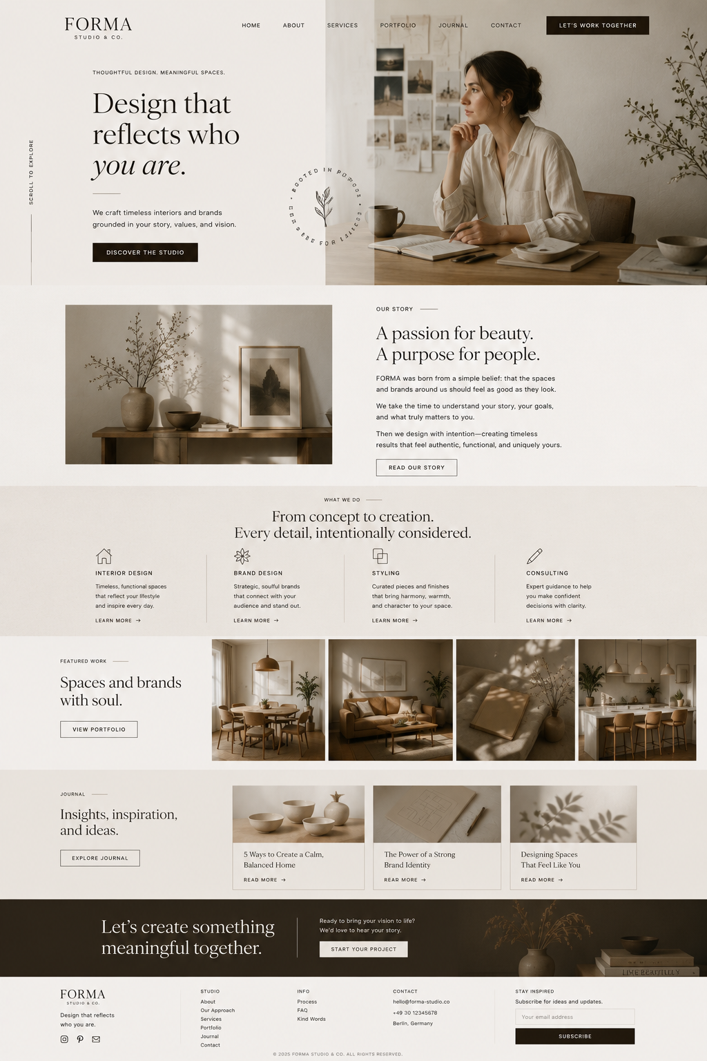 Full-page design concept for FORMA Studio & Co. — an editorial creative studio website with asymmetric hero, portfolio strip and journal