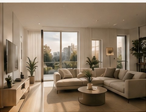 Bright contemporary living room with large windows