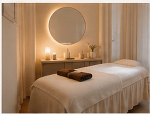 Softly lit beauty treatment room with a prepared bed