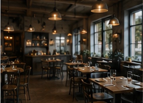 Relaxed café dining room with pendant lighting