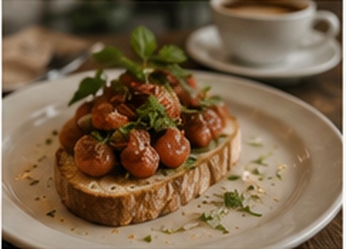 Bruschetta plate served beside a cup of coffee