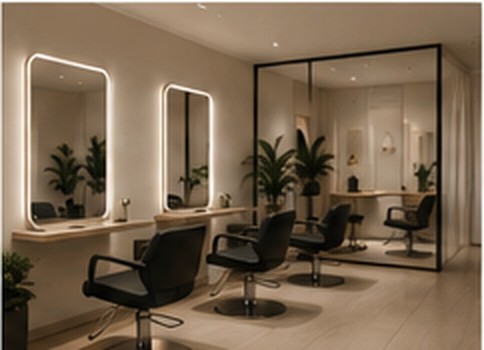Modern hair salon interior with lit mirrors