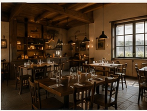 Warm restaurant dining room with laid tables