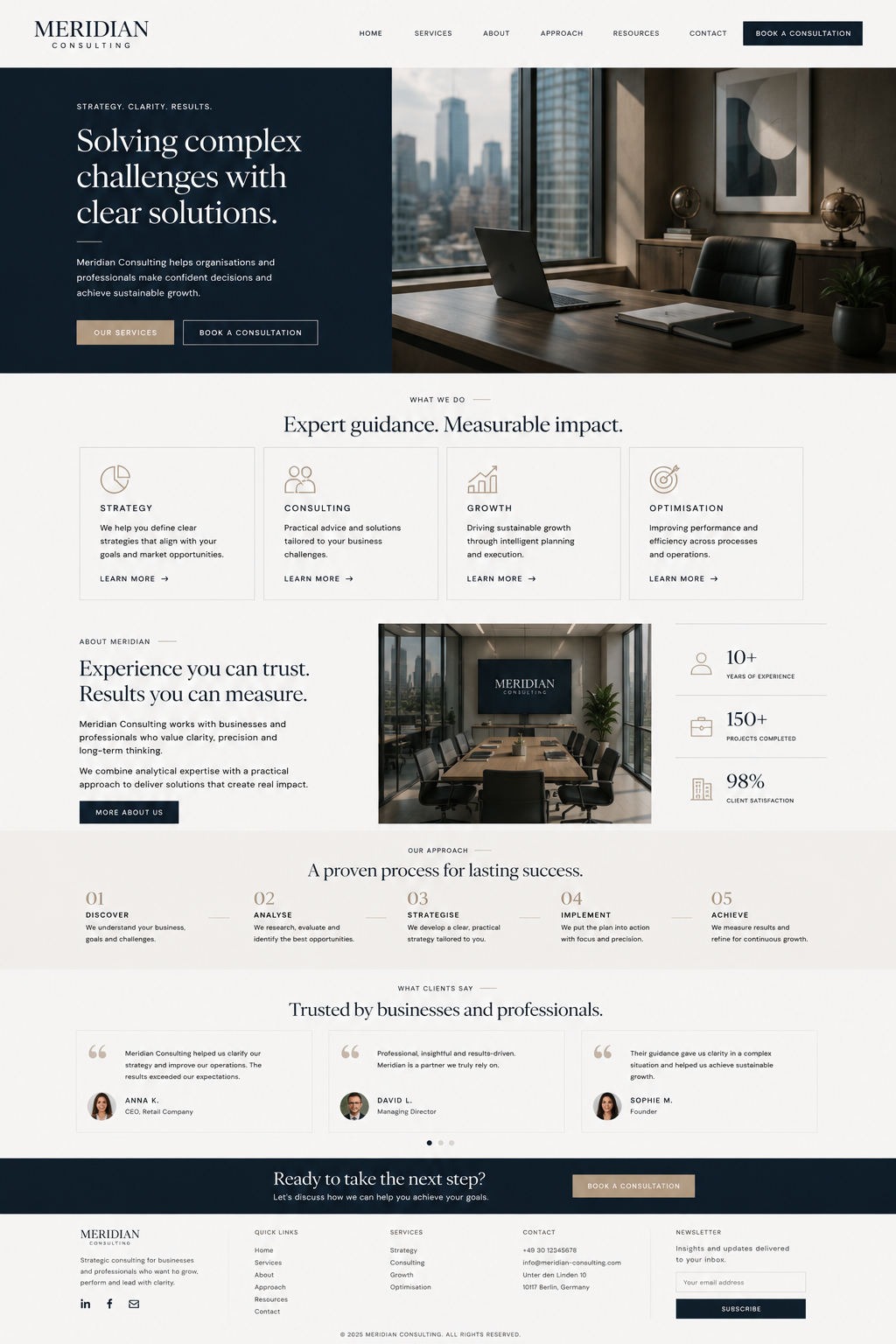 Full-page design concept for Meridian Consulting — a corporate website with a dark hero, service pillars, numbered process and statistics