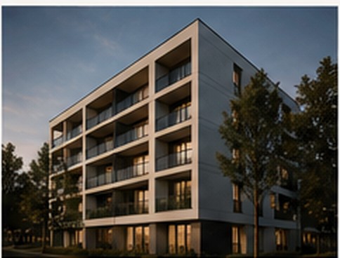 Modern apartment building exterior at dusk