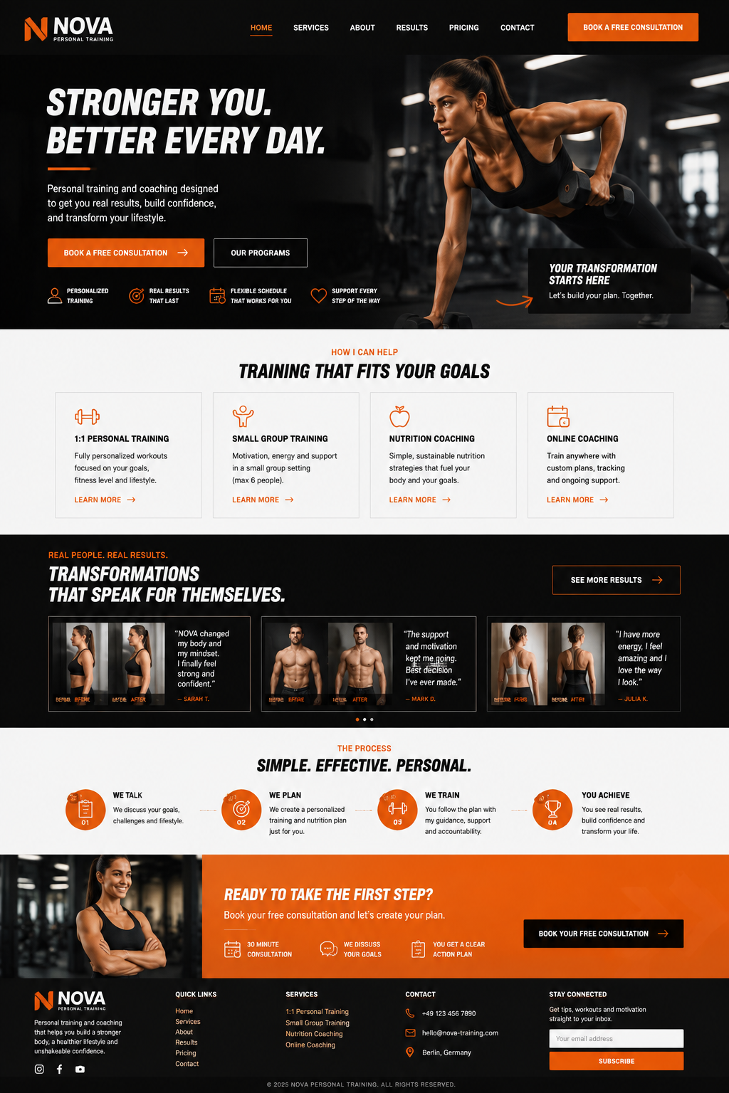 Full-page design concept for NOVA Personal Training — a high-contrast conversion-focused fitness website with transformation proof and repeated calls to action