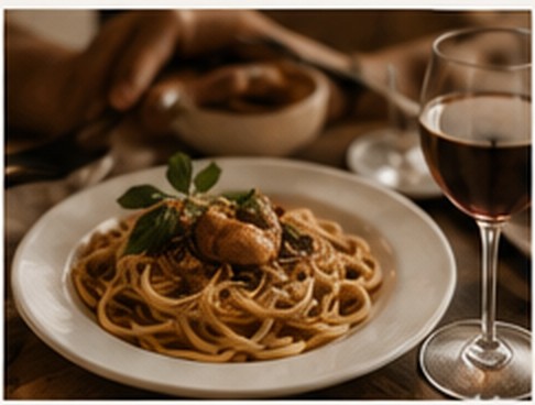 Plated pasta dish served with a glass of red wine