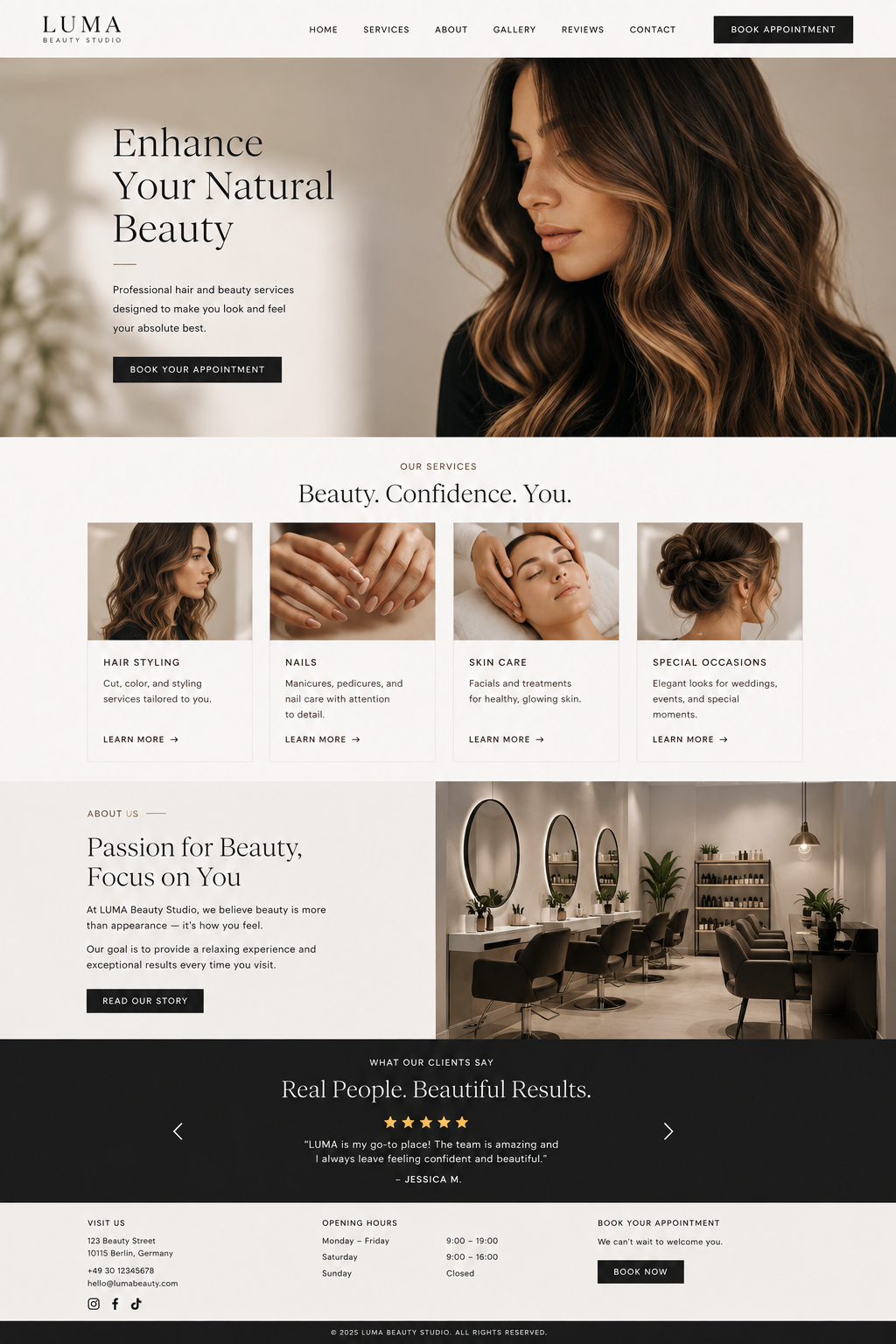 Full-page design concept for LUMA Beauty Studio — an image-led beauty website with a portrait hero, service grid and review section