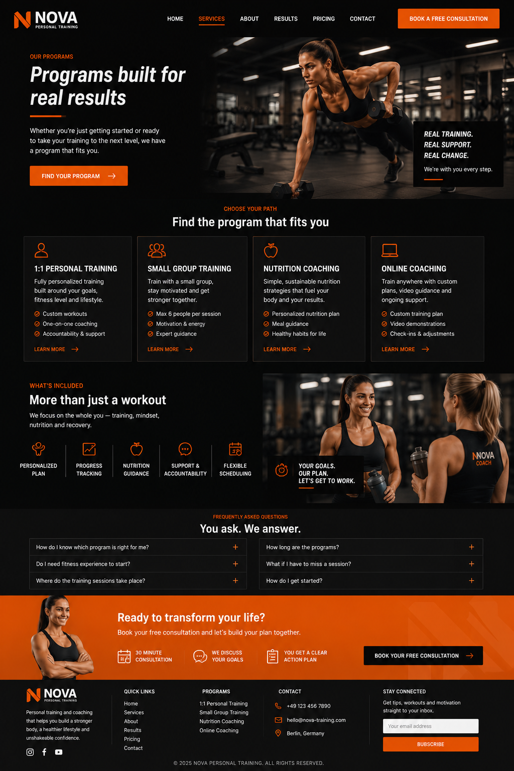 NOVA-Grundgerüst — Konzept einer Programmseite für ein fiktives Personal-Training-Studio, mit Trainingsoptionen und einem Buchungs-Call-to-Action