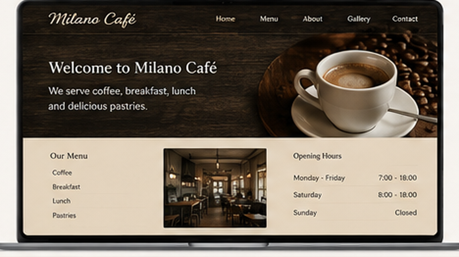 Concept of the outdated Milano Neighborhood Café website on desktop and mobile