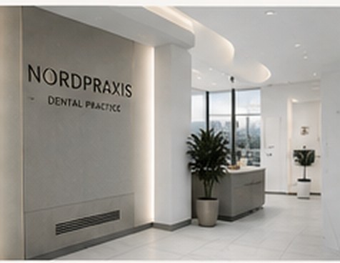 Bright dental practice reception with signage